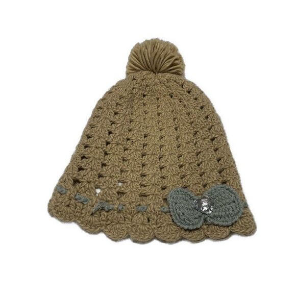 Charming Charlie Knit Tan Gray Winter Hat Heart Embellishment - Picture 1 of 3
